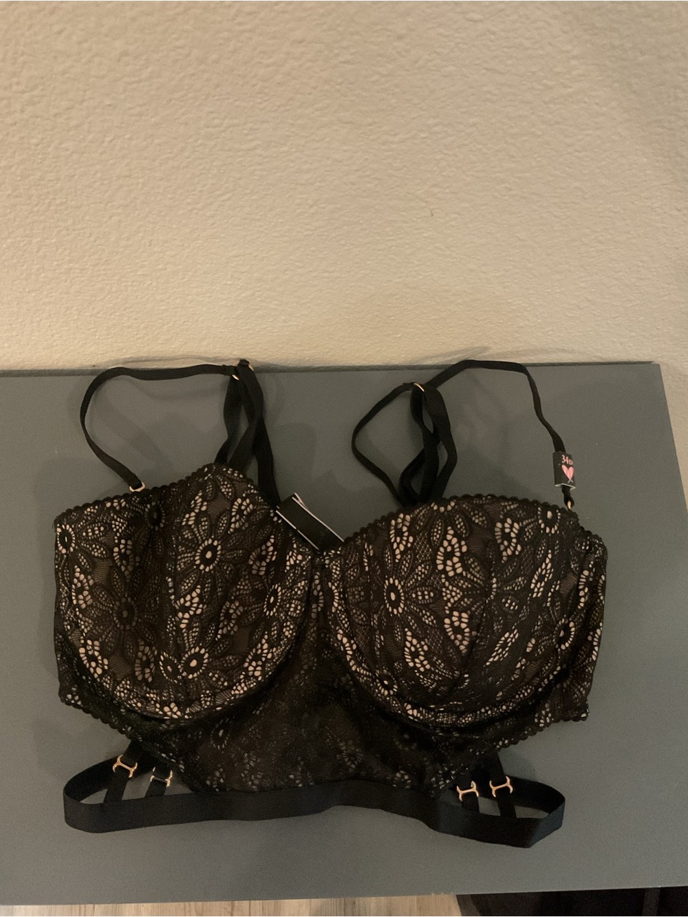 Victoria's Secret Black Lace Longline Underwire Bra with Gold Accents